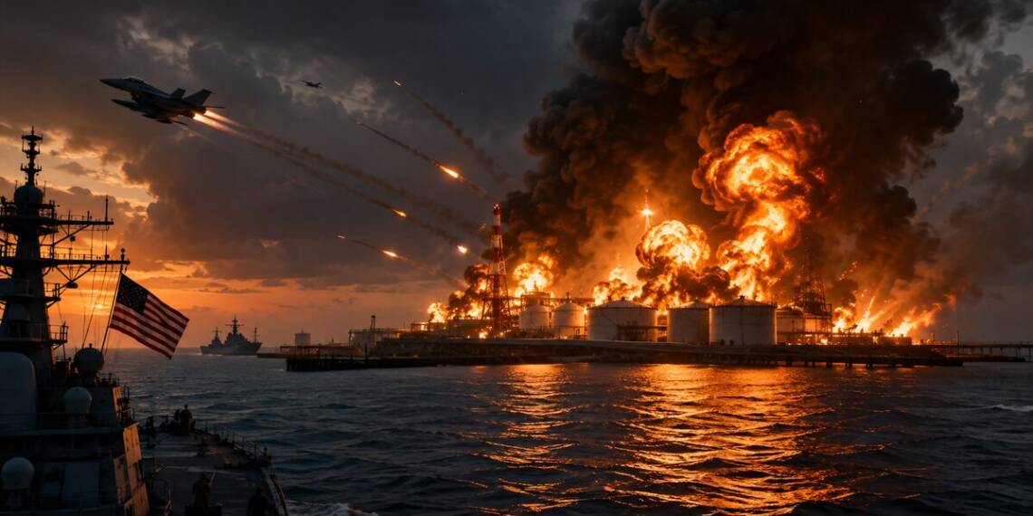 A dramatic nighttime scene showing a US warship facing a large oil terminal engulfed in flames, with explosions, thick black smoke, fighter jets, and missiles streaking across the sky above the sea after strikes