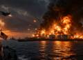 A dramatic nighttime scene showing a US warship facing a large oil terminal engulfed in flames, with explosions, thick black smoke, fighter jets, and missiles streaking across the sky above the sea after strikes