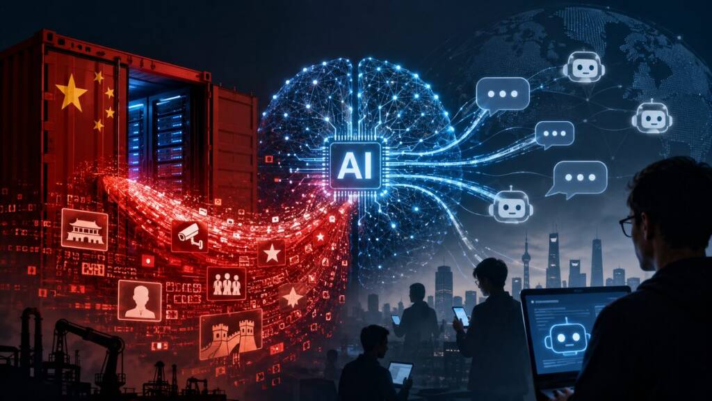 Conceptual illustration of Chinese data infrastructure feeding into a central artificial intelligence system, with glowing data streams spreading toward chatbots and users worldwide, symbolising China’s growing influence over AI training data and information ecosystems.