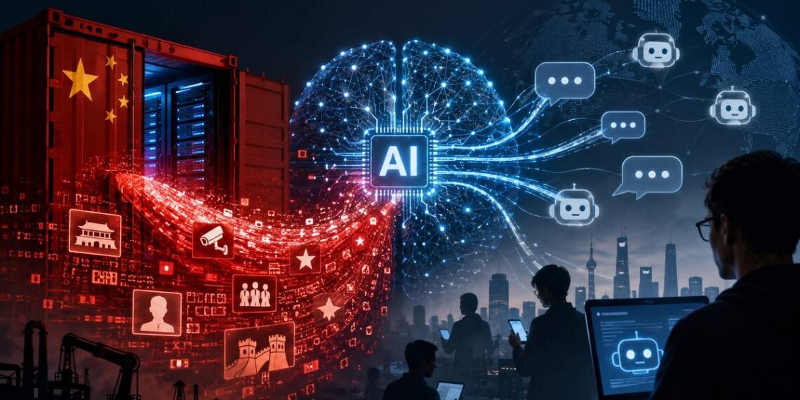 Conceptual illustration of Chinese data infrastructure feeding into a central artificial intelligence system, with glowing data streams spreading toward chatbots and users worldwide, symbolising China’s growing influence over AI training data and information ecosystems.