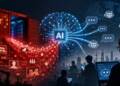 Conceptual illustration of Chinese data infrastructure feeding into a central artificial intelligence system, with glowing data streams spreading toward chatbots and users worldwide, symbolising China’s growing influence over AI training data and information ecosystems.