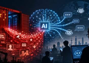 Conceptual illustration of Chinese data infrastructure feeding into a central artificial intelligence system, with glowing data streams spreading toward chatbots and users worldwide, symbolising China’s growing influence over AI training data and information ecosystems.