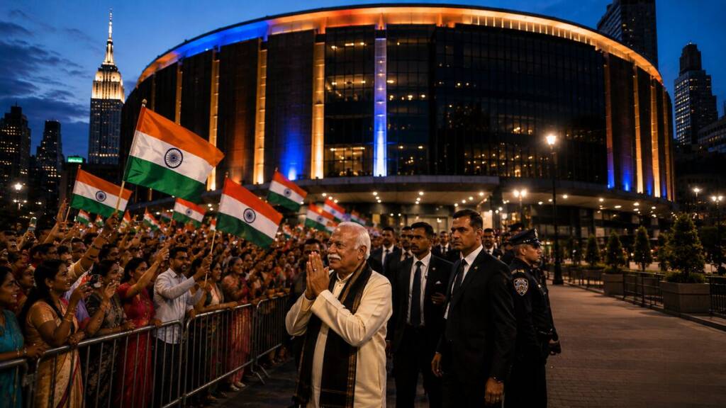 Mohan Bhagwat greets supporters with folded hands outside a brightly lit arena in New York, as Indian-American attendees wave Indian flags and security personnel escort him.