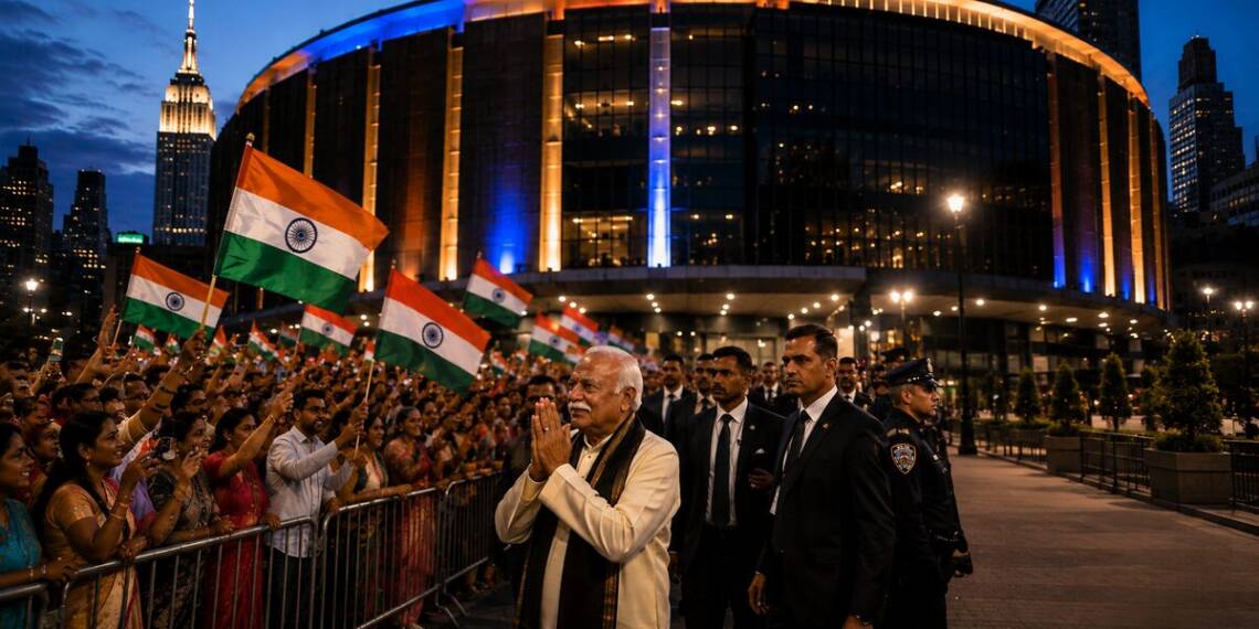 Mohan Bhagwat greets supporters with folded hands outside a brightly lit arena in New York, as Indian-American attendees wave Indian flags and security personnel escort him.