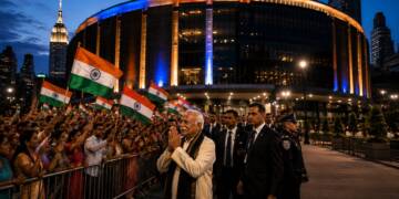 Mohan Bhagwat greets supporters with folded hands outside a brightly lit arena in New York, as Indian-American attendees wave Indian flags and security personnel escort him.