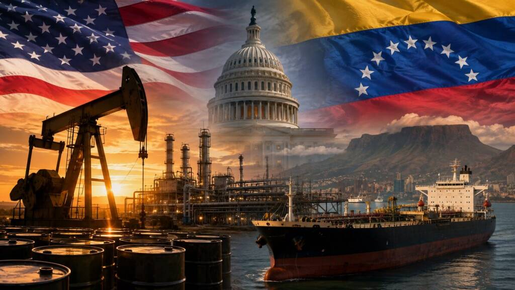 A dramatic geopolitical oil scene showing an oil refinery and pumpjack, the US Capitol, Venezuelan mountains and flag imagery, and a large oil tanker at sea, symbolising the US–Venezuela oil deal.