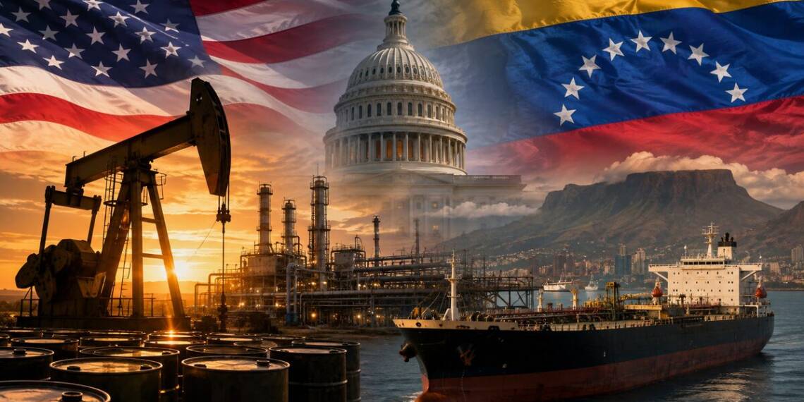 A dramatic geopolitical oil scene showing an oil refinery and pumpjack, the US Capitol, Venezuelan mountains and flag imagery, and a large oil tanker at sea, symbolising the US–Venezuela oil deal.