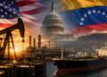 A dramatic geopolitical oil scene showing an oil refinery and pumpjack, the US Capitol, Venezuelan mountains and flag imagery, and a large oil tanker at sea, symbolising the US–Venezuela oil deal.