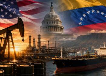A dramatic geopolitical oil scene showing an oil refinery and pumpjack, the US Capitol, Venezuelan mountains and flag imagery, and a large oil tanker at sea, symbolising the US–Venezuela oil deal.