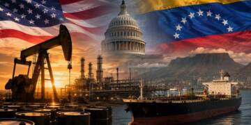 A dramatic geopolitical oil scene showing an oil refinery and pumpjack, the US Capitol, Venezuelan mountains and flag imagery, and a large oil tanker at sea, symbolising the US–Venezuela oil deal.