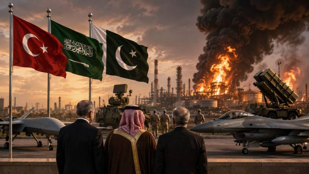 A dramatic scene showing the flags of Turkey, Saudi Arabia and Pakistan above military aircraft, soldiers and air-defence systems, as a large Saudi-style oil refinery burns in the background. Three leaders stand in the foreground watching the unfolding crisis.