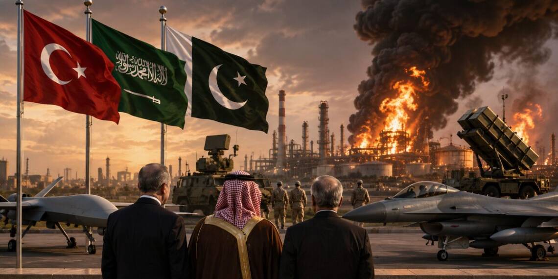 A dramatic scene showing the flags of Turkey, Saudi Arabia and Pakistan above military aircraft, soldiers and air-defence systems, as a large Saudi-style oil refinery burns in the background. Three leaders stand in the foreground watching the unfolding crisis.