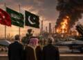 A dramatic scene showing the flags of Turkey, Saudi Arabia and Pakistan above military aircraft, soldiers and air-defence systems, as a large Saudi-style oil refinery burns in the background. Three leaders stand in the foreground watching the unfolding crisis.