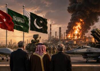 A dramatic scene showing the flags of Turkey, Saudi Arabia and Pakistan above military aircraft, soldiers and air-defence systems, as a large Saudi-style oil refinery burns in the background. Three leaders stand in the foreground watching the unfolding crisis.