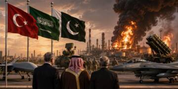 A dramatic scene showing the flags of Turkey, Saudi Arabia and Pakistan above military aircraft, soldiers and air-defence systems, as a large Saudi-style oil refinery burns in the background. Three leaders stand in the foreground watching the unfolding crisis.