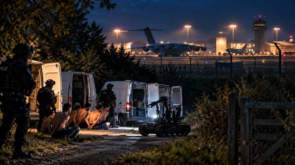 Police officers inspect three white vans with a bomb-disposal robot near a military airbase at night.” Terror