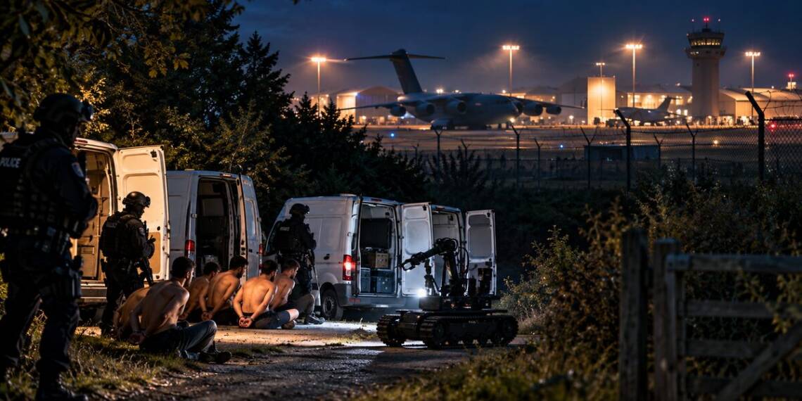 Police officers inspect three white vans with a bomb-disposal robot near a military airbase at night.” Terror