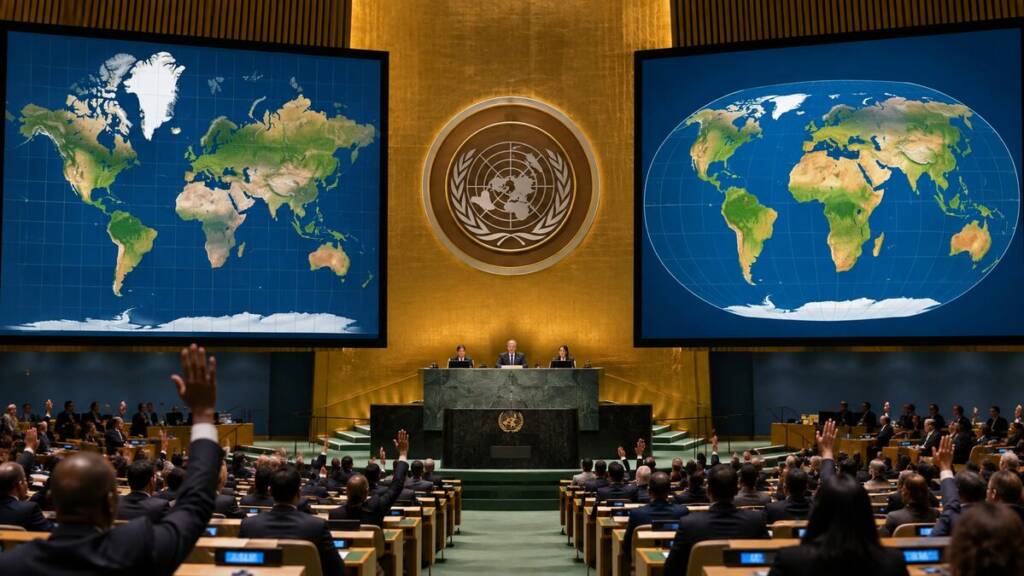 UN General Assembly delegates vote in a formal assembly hall, with large screens displaying contrasting world map projections that highlight differences in the apparent size of Africa and Greenland