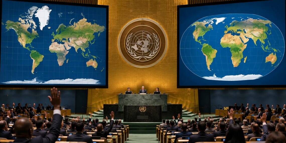 UN General Assembly delegates vote in a formal assembly hall, with large screens displaying contrasting world map projections that highlight differences in the apparent size of Africa and Greenland