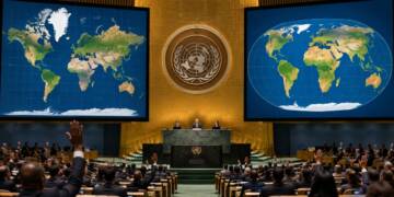UN General Assembly delegates vote in a formal assembly hall, with large screens displaying contrasting world map projections that highlight differences in the apparent size of Africa and Greenland