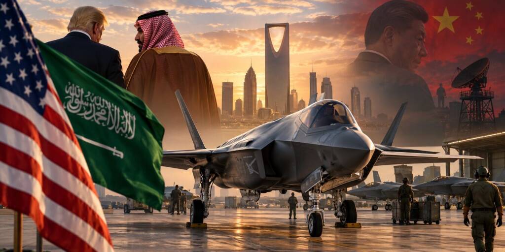F-35 stealth fighter at a Saudi airbase, symbolising the proposed US-Saudi defence deal amid tensions over China’s access to advanced American military technology.