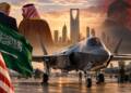 F-35 stealth fighter at a Saudi airbase, symbolising the proposed US-Saudi defence deal amid tensions over China’s access to advanced American military technology.