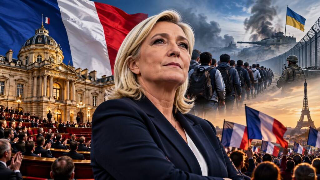 Marine Le Pen stands before the French Senate amid French flags, migration imagery, Ukraine war scenes and a Paris skyline, reflecting the National Rally’s rise and Europe’s rightward political shift.