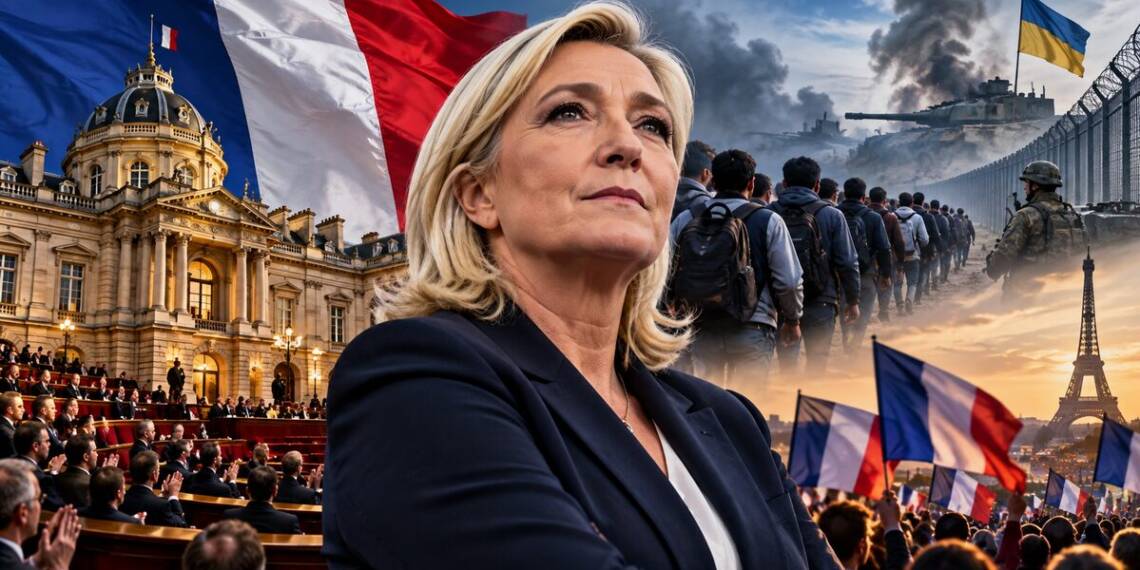 Marine Le Pen stands before the French Senate amid French flags, migration imagery, Ukraine war scenes and a Paris skyline, reflecting the National Rally’s rise and Europe’s rightward political shift.