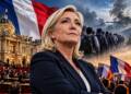 Marine Le Pen stands before the French Senate amid French flags, migration imagery, Ukraine war scenes and a Paris skyline, reflecting the National Rally’s rise and Europe’s rightward political shift.