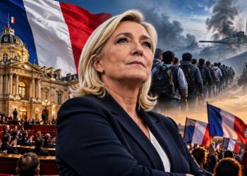 Marine Le Pen stands before the French Senate amid French flags, migration imagery, Ukraine war scenes and a Paris skyline, reflecting the National Rally’s rise and Europe’s rightward political shift.