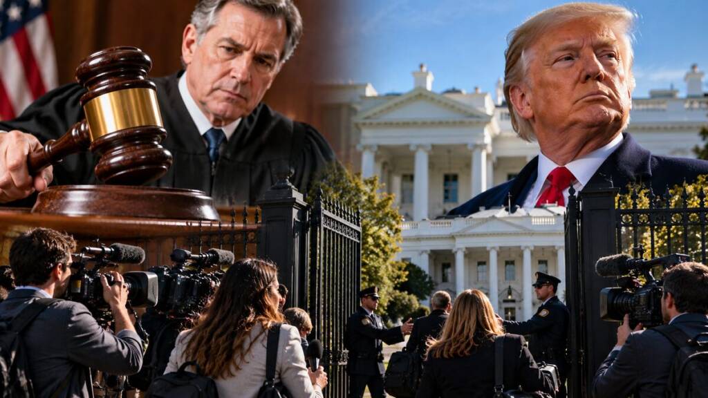 Judge holding a gavel as journalists face a White House security gate, symbolising a legal battle over press access under President Trump