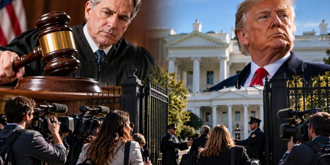 Judge holding a gavel as journalists face a White House security gate, symbolising a legal battle over press access under President Trump