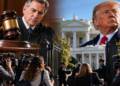 Judge holding a gavel as journalists face a White House security gate, symbolising a legal battle over press access under President Trump
