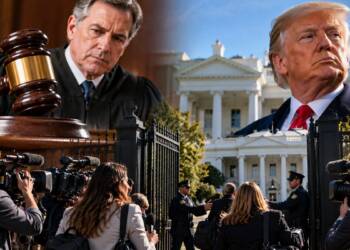 Judge holding a gavel as journalists face a White House security gate, symbolising a legal battle over press access under President Trump