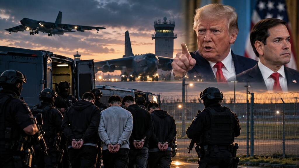 British counter-terror officers detain five suspects near a military airbase as US bombers stand on the runway, with Donald Trump and Marco Rubio depicted in the background.