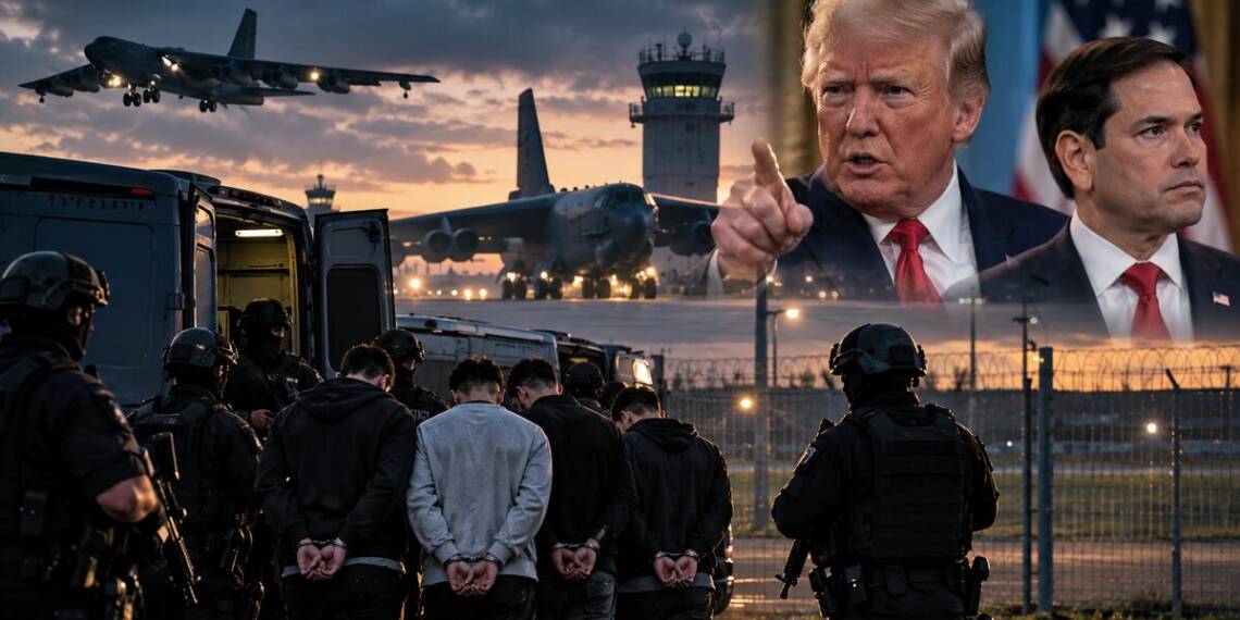British counter-terror officers detain five suspects near a military airbase as US bombers stand on the runway, with Donald Trump and Marco Rubio depicted in the background.