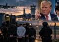 British counter-terror officers detain five suspects near a military airbase as US bombers stand on the runway, with Donald Trump and Marco Rubio depicted in the background.