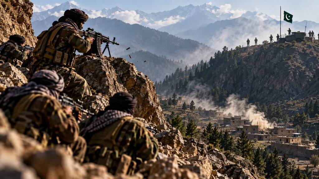 Armed fighters take positions on a rocky mountain ridge overlooking a smoke-filled Afghan valley, with distant mountains, villages and a Pakistani flag visible in the background.