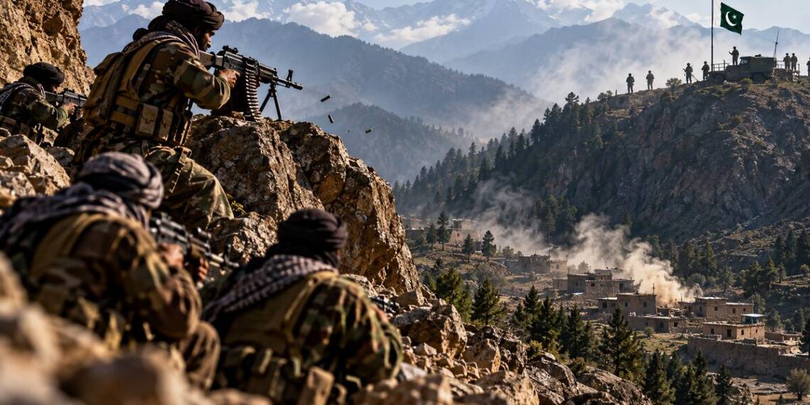 Armed fighters take positions on a rocky mountain ridge overlooking a smoke-filled Afghan valley, with distant mountains, villages and a Pakistani flag visible in the background.