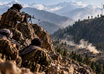 Armed fighters take positions on a rocky mountain ridge overlooking a smoke-filled Afghan valley, with distant mountains, villages and a Pakistani flag visible in the background.