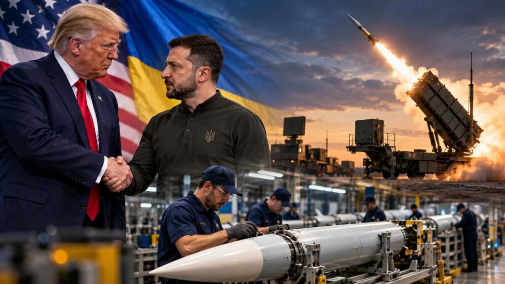 Donald Trump and Volodymyr Zelenskyy shake hands as a Patriot missile launches above a defence production facility where workers assemble an interceptor. Ukraine.