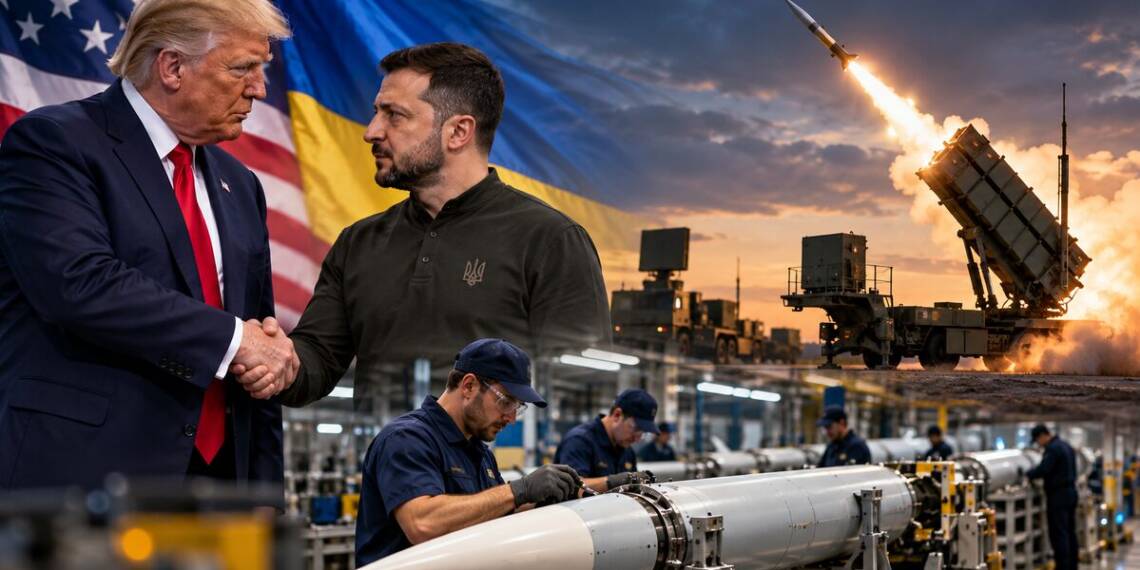 Donald Trump and Volodymyr Zelenskyy shake hands as a Patriot missile launches above a defence production facility where workers assemble an interceptor. Ukraine.