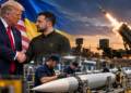 Donald Trump and Volodymyr Zelenskyy shake hands as a Patriot missile launches above a defence production facility where workers assemble an interceptor. Ukraine.
