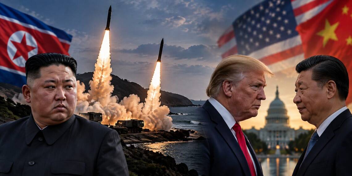 “Kim Jong Un watches North Korean ballistic missiles launch as Donald Trump and Xi Jinping face off against a backdrop of the US Capitol, highlighting tensions over North Korea’s missile tests and US-China diplomacy.”