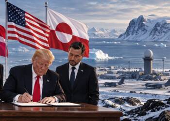 US, Danish and Greenlandic leaders sign a security deal against a backdrop of Greenland's Arctic landscape and expanded US military infrastructure.