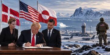 US, Danish and Greenlandic leaders sign a security deal against a backdrop of Greenland's Arctic landscape and expanded US military infrastructure.