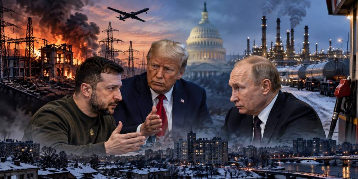 Cinematic depiction of Zelenskyy, Trump and Putin amid damaged Ukrainian power infrastructure, a US government backdrop, and a snow-covered Russian oil refinery, symbolising energy strikes and winter diplomacy in the Russia-Ukraine war. Energy Truce.