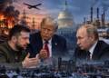 Cinematic depiction of Zelenskyy, Trump and Putin amid damaged Ukrainian power infrastructure, a US government backdrop, and a snow-covered Russian oil refinery, symbolising energy strikes and winter diplomacy in the Russia-Ukraine war. Energy Truce.