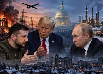 Cinematic depiction of Zelenskyy, Trump and Putin amid damaged Ukrainian power infrastructure, a US government backdrop, and a snow-covered Russian oil refinery, symbolising energy strikes and winter diplomacy in the Russia-Ukraine war. Energy Truce.