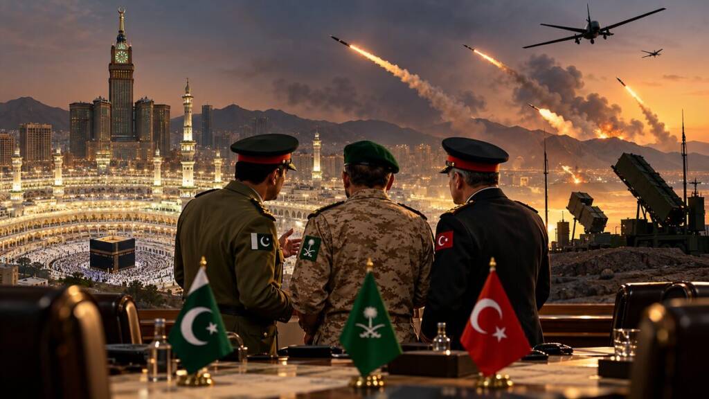 Saudi Arabia, Pakistan and Turkey military officials meet as missiles and drones threaten Makkah, with Saudi air-defence systems positioned in the foreground.